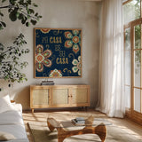 La Vida Loca III Blue by Veronique Charron. Shown in a natural wood frame in a cozy modern living room. Available as an archival giclee rolled canvas, fine art paper, or poster print. SKU 39491a.