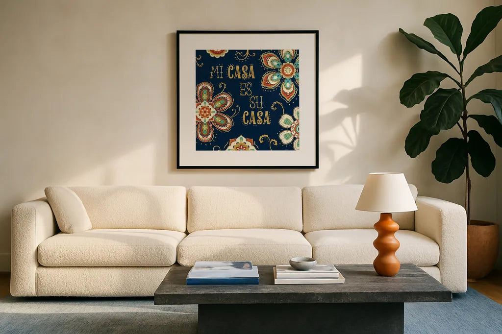 La Vida Loca III Blue by Veronique Charron. Displayed in a glass frame with matte in a clean modern living room. Available as an archival giclee rolled canvas, fine art paper, or poster print. SKU 39491a.
