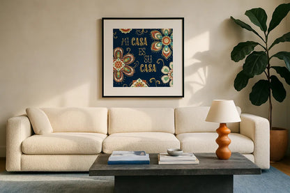 La Vida Loca III Blue by Veronique Charron. Displayed in a glass frame with matte in a clean modern living room. Available as an archival giclee rolled canvas, fine art paper, or poster print. SKU 39491a.