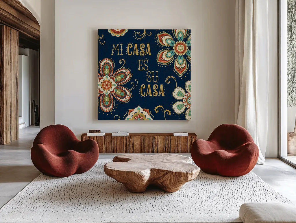 La Vida Loca III Blue by Veronique Charron. Shown as extra-large giant wall art in a modern living room. Available as an archival giclee rolled canvas, fine art paper, or poster print. SKU 39491a.