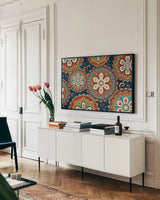 La Vida Loca IX Blue by Veronique Charron. shown as a framed stretched canvas in a living room above a console. Available as a archival giclee rolled canvas, fine art paper, or poster print. SKU 39495i.