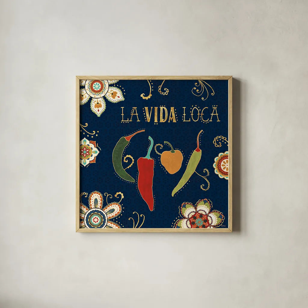 La Vida Loca X by Veronique Charron. Shown in a natural wood glass frame for a timeless modern aesthetic. Available as an archival giclee rolled canvas, fine art paper, or poster print. SKU 43148a.