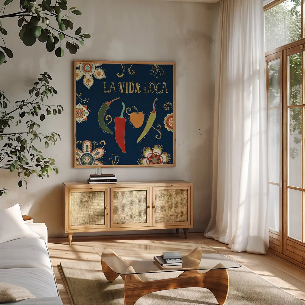 La Vida Loca X by Veronique Charron. Shown in a natural wood frame in a cozy modern living room. Available as an archival giclee rolled canvas, fine art paper, or poster print. SKU 43148a.
