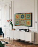 Lake Pals VIII by Veronique Charron. shown as a framed stretched canvas in a living room above a console. Available as a archival giclee rolled canvas, fine art paper, or poster print. SKU 27309i.