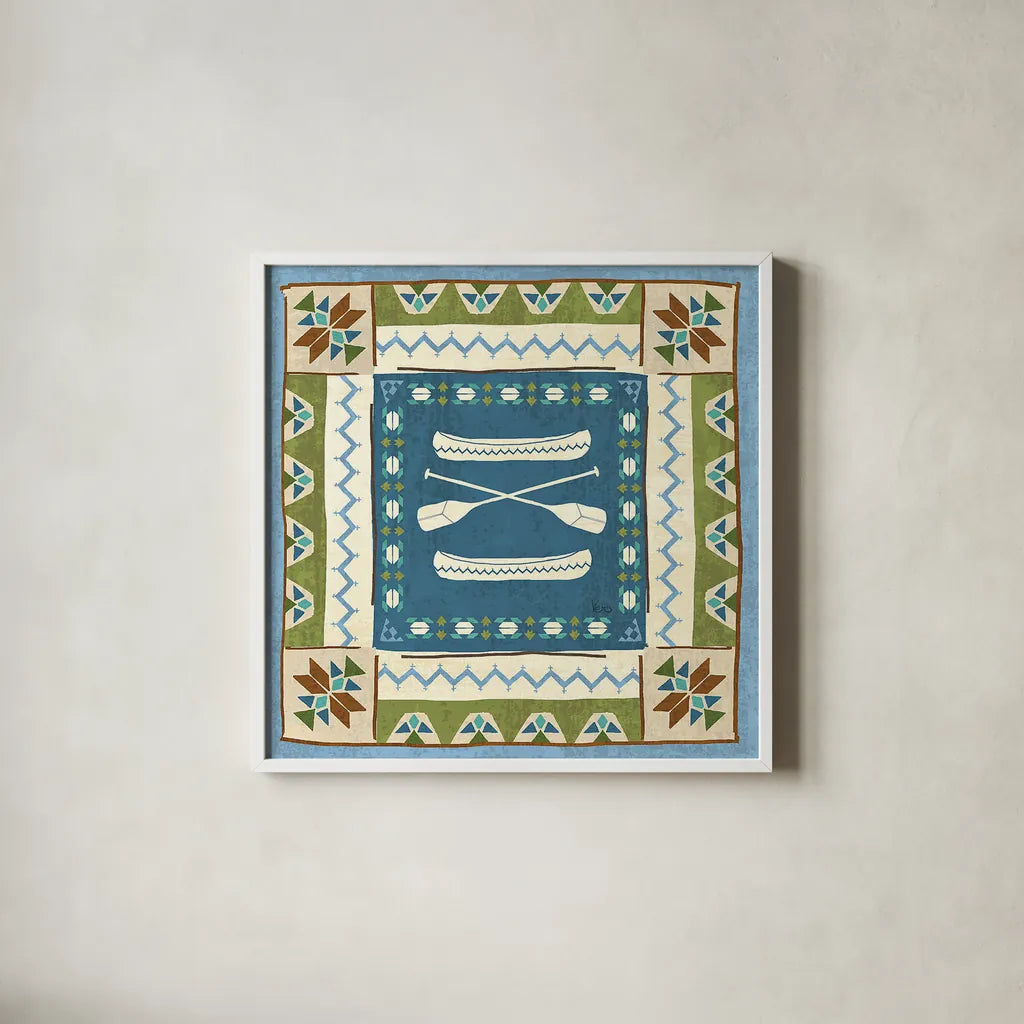Lake Retreat Tile III by Veronique Charron. Shown in a crisp white glass frame for a clean and minimalist style. Available as an archival giclee rolled canvas, fine art paper, or poster print. SKU 20329a.