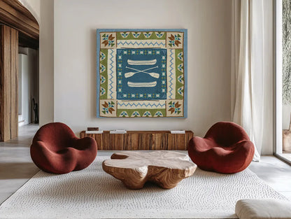 Lake Retreat Tile III by Veronique Charron. Shown as extra-large giant wall art in a modern living room. Available as an archival giclee rolled canvas, fine art paper, or poster print. SKU 20329a.
