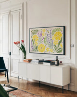Lavender Garden I by Veronique Charron. shown as a framed stretched canvas in a living room above a console. Available as a archival giclee rolled canvas, fine art paper, or poster print. SKU 94236i.