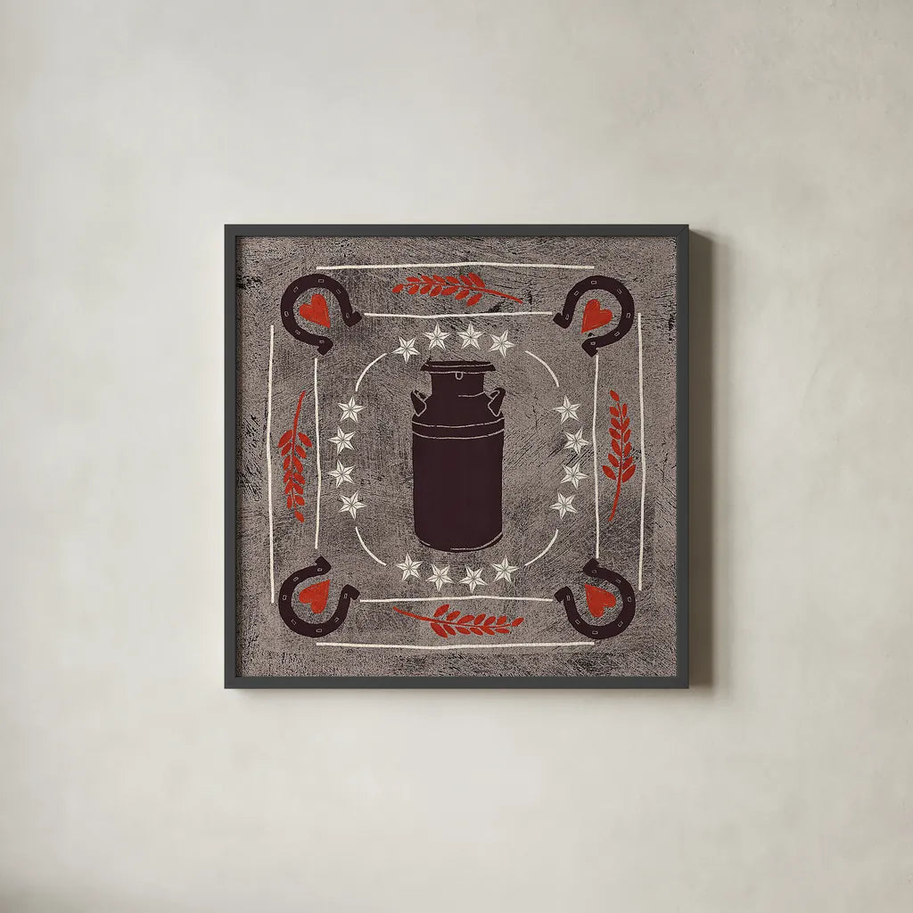 Little Red Farm Tile II by Veronique Charron. Shown in a sleek black glass frame for a contemporary gallery look. Available as an archival giclee rolled canvas, fine art paper, or poster print. SKU 16894a.