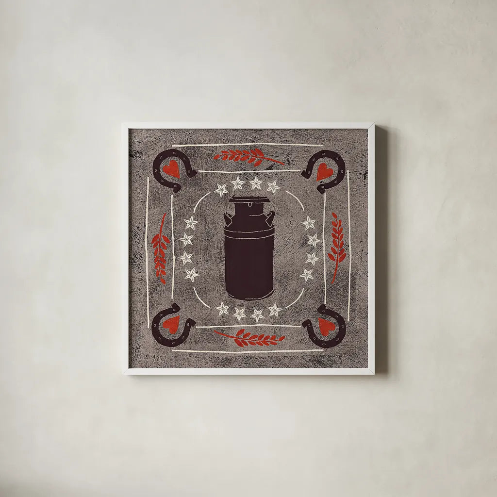 Little Red Farm Tile II by Veronique Charron. Shown in a crisp white glass frame for a clean and minimalist style. Available as an archival giclee rolled canvas, fine art paper, or poster print. SKU 16894a.