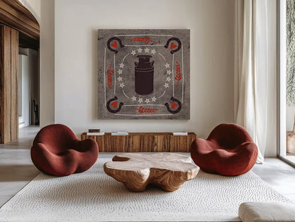 Little Red Farm Tile II by Veronique Charron. Shown as extra-large giant wall art in a modern living room. Available as an archival giclee rolled canvas, fine art paper, or poster print. SKU 16894a.