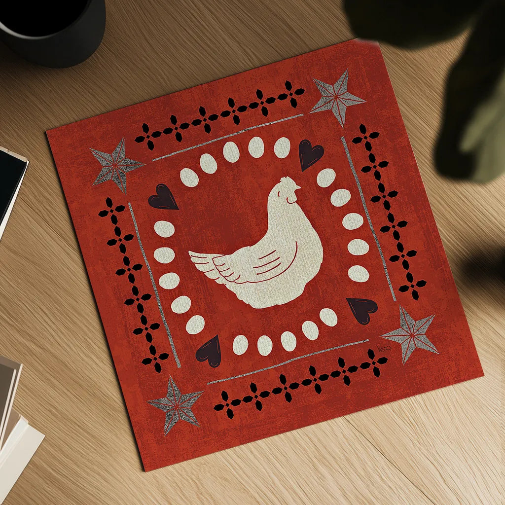 Little Red Farm Tile III by Veronique Charron. Shown as a detailed flat fine art print, highlighting archival giclee quality. Available as an archival giclee rolled canvas, fine art paper, or poster print. SKU 16895a.