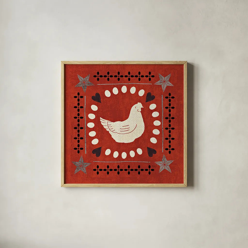 Little Red Farm Tile III by Veronique Charron. Shown in a natural wood glass frame for a timeless modern aesthetic. Available as an archival giclee rolled canvas, fine art paper, or poster print. SKU 16895a.