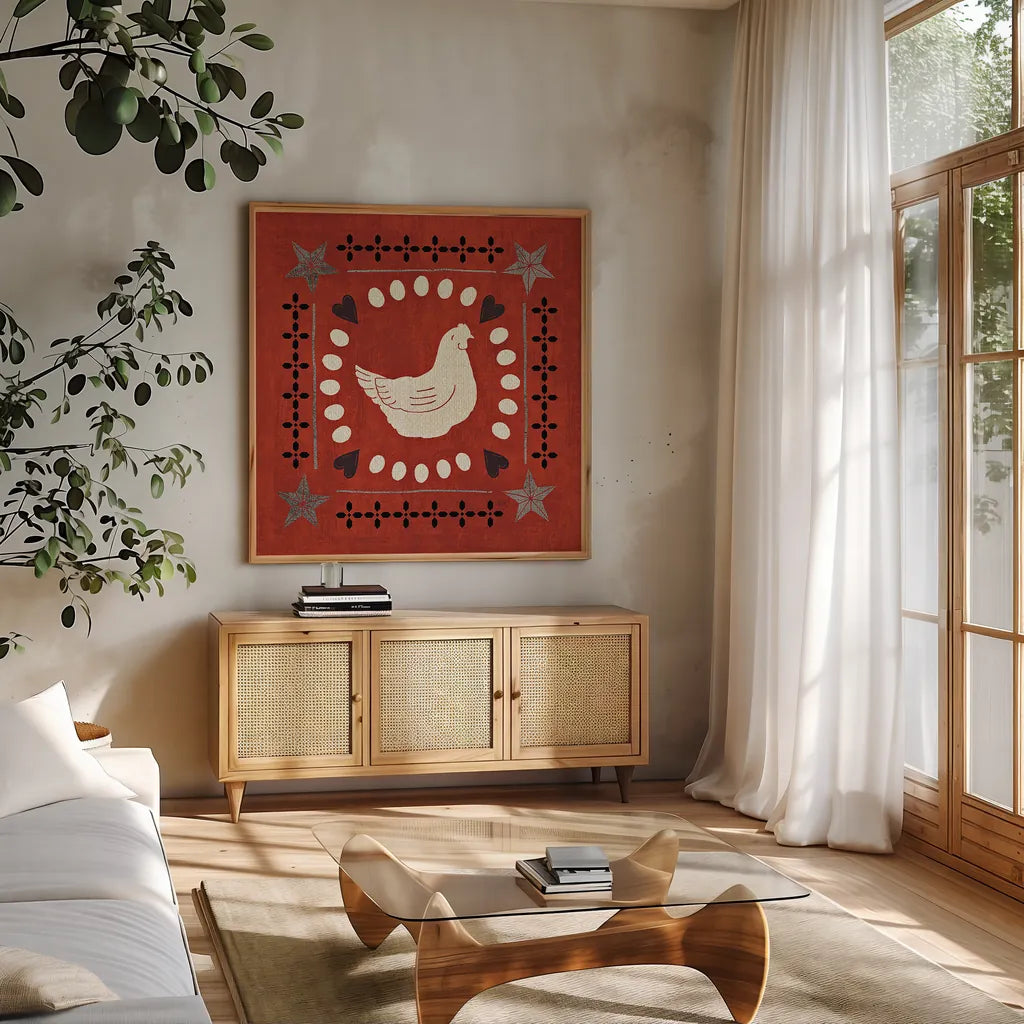 Little Red Farm Tile III by Veronique Charron. Shown in a natural wood frame in a cozy modern living room. Available as an archival giclee rolled canvas, fine art paper, or poster print. SKU 16895a.