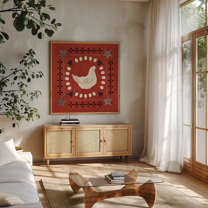 Little Red Farm Tile III by Veronique Charron. Shown in a natural wood frame in a cozy modern living room. Available as an archival giclee rolled canvas, fine art paper, or poster print. SKU 16895a.