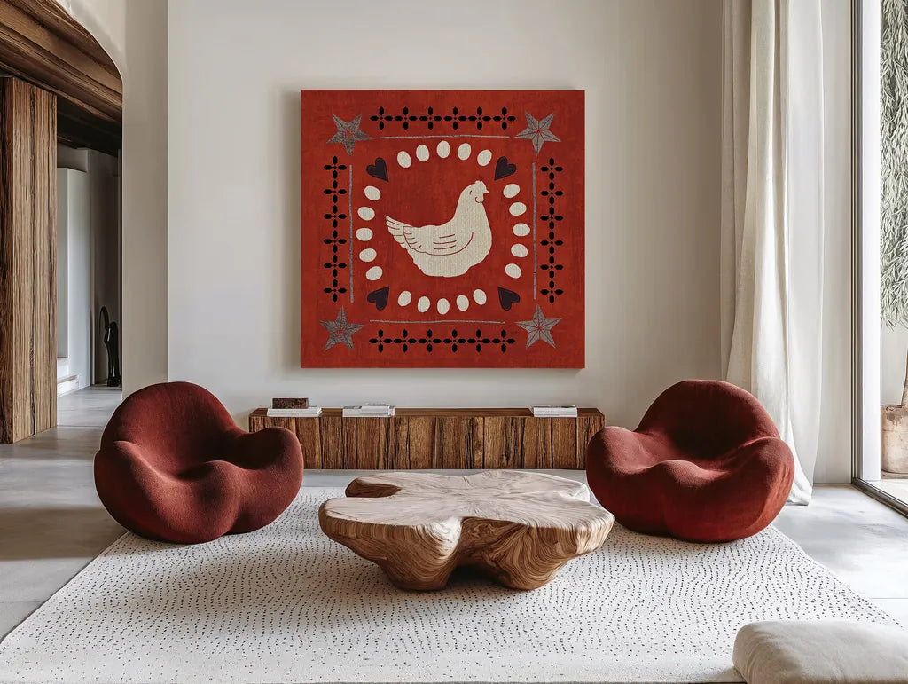 Little Red Farm Tile III by Veronique Charron. Shown as extra-large giant wall art in a modern living room. Available as an archival giclee rolled canvas, fine art paper, or poster print. SKU 16895a.