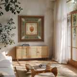 Lodge Resort Tile II by Veronique Charron. Shown in a natural wood frame in a cozy modern living room. Available as an archival giclee rolled canvas, fine art paper, or poster print. SKU 20281a.