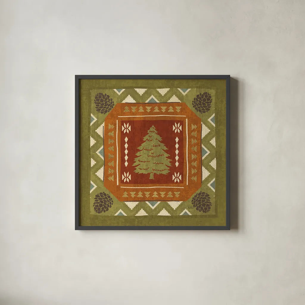 Lodge Resort Tile III by Veronique Charron. Shown in a sleek black glass frame for a contemporary gallery look. Available as an archival giclee rolled canvas, fine art paper, or poster print. SKU 20282a.