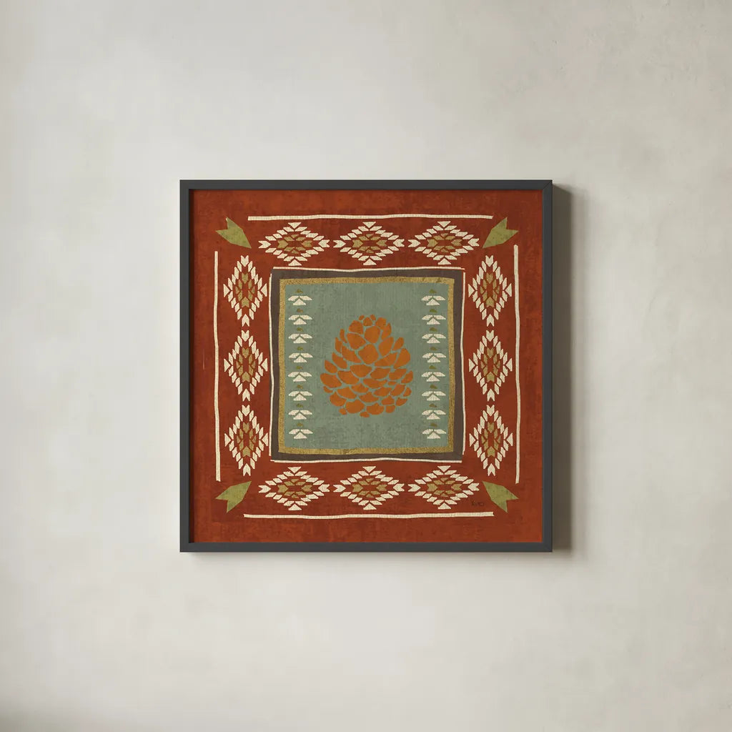 Lodge Resort Tile IV by Veronique Charron. Shown in a sleek black glass frame for a contemporary gallery look. Available as an archival giclee rolled canvas, fine art paper, or poster print. SKU 20283a.