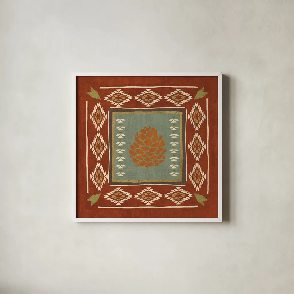 Lodge Resort Tile IV by Veronique Charron. Shown in a crisp white glass frame for a clean and minimalist style. Available as an archival giclee rolled canvas, fine art paper, or poster print. SKU 20283a.
