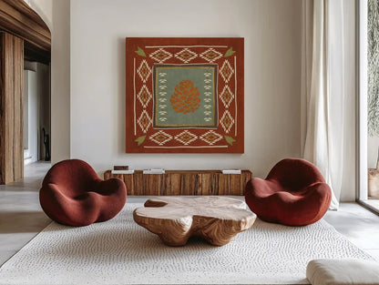 Lodge Resort Tile IV by Veronique Charron. Shown as extra-large giant wall art in a modern living room. Available as an archival giclee rolled canvas, fine art paper, or poster print. SKU 20283a.