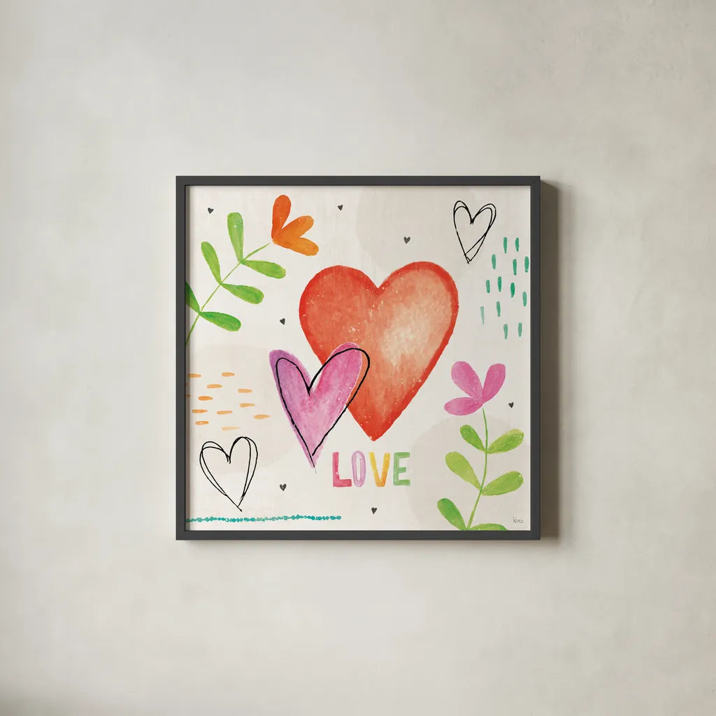 Love Connection I by Veronique Charron. Shown in a sleek black glass frame for a contemporary gallery look. Available as an archival giclee rolled canvas, fine art paper, or poster print. SKU 87042a.