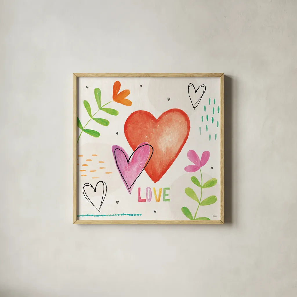 Love Connection I by Veronique Charron. Shown in a natural wood glass frame for a timeless modern aesthetic. Available as an archival giclee rolled canvas, fine art paper, or poster print. SKU 87042a.