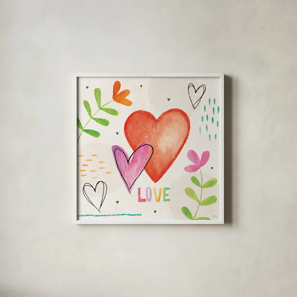 Love Connection I by Veronique Charron. Shown in a crisp white glass frame for a clean and minimalist style. Available as an archival giclee rolled canvas, fine art paper, or poster print. SKU 87042a.