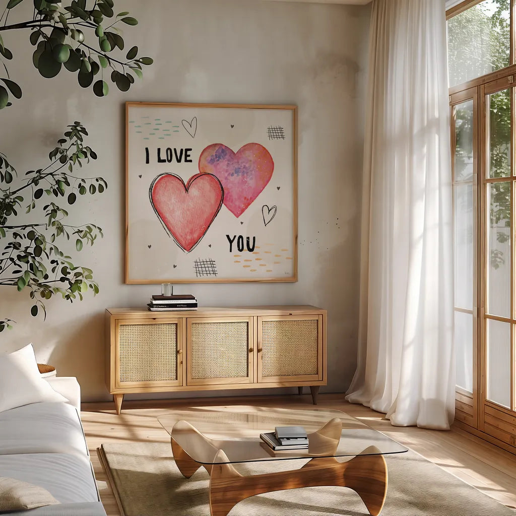 Love Connection II by Veronique Charron. Shown in a natural wood frame in a cozy modern living room. Available as an archival giclee rolled canvas, fine art paper, or poster print. SKU 87043a.