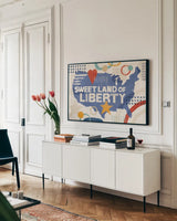 Love and Liberty I by Veronique Charron. shown as a framed stretched canvas in a living room above a console. Available as a archival giclee rolled canvas, fine art paper, or poster print. SKU 72883i.