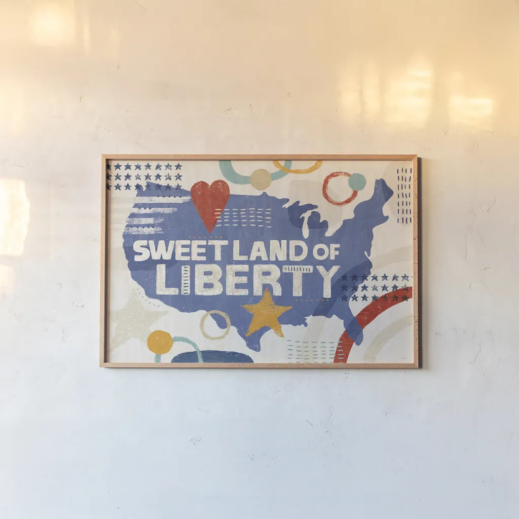 Love and Liberty I by Veronique Charron. shown as a paper print in a natural frame. Available as a archival giclee rolled canvas, fine art paper, or poster print. SKU 72883i.