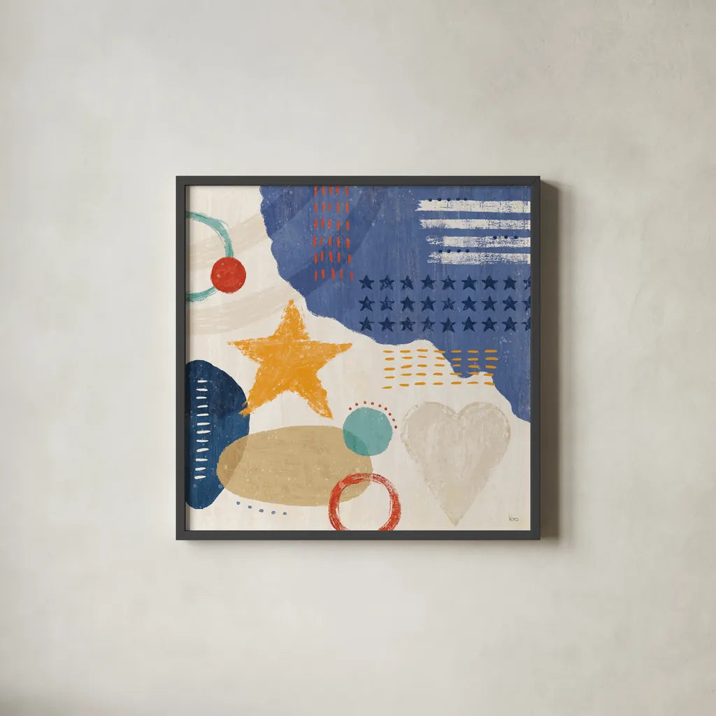 Love and Liberty II by Veronique Charron. Shown in a sleek black glass frame for a contemporary gallery look. Available as an archival giclee rolled canvas, fine art paper, or poster print. SKU 72884a.