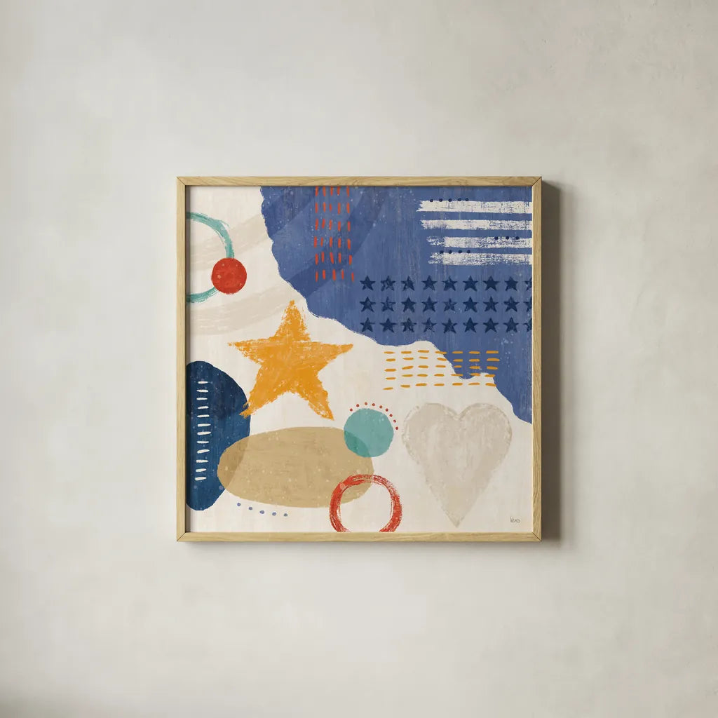 Love and Liberty II by Veronique Charron. Shown in a natural wood glass frame for a timeless modern aesthetic. Available as an archival giclee rolled canvas, fine art paper, or poster print. SKU 72884a.