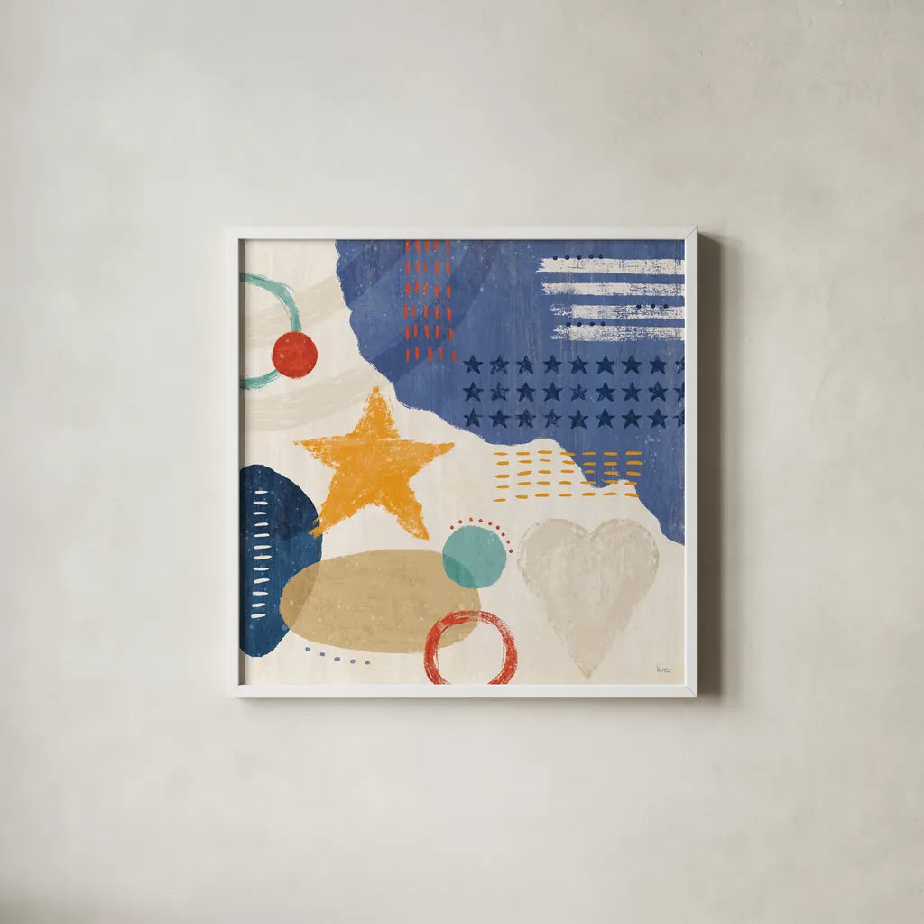 Love and Liberty II by Veronique Charron. Shown in a crisp white glass frame for a clean and minimalist style. Available as an archival giclee rolled canvas, fine art paper, or poster print. SKU 72884a.