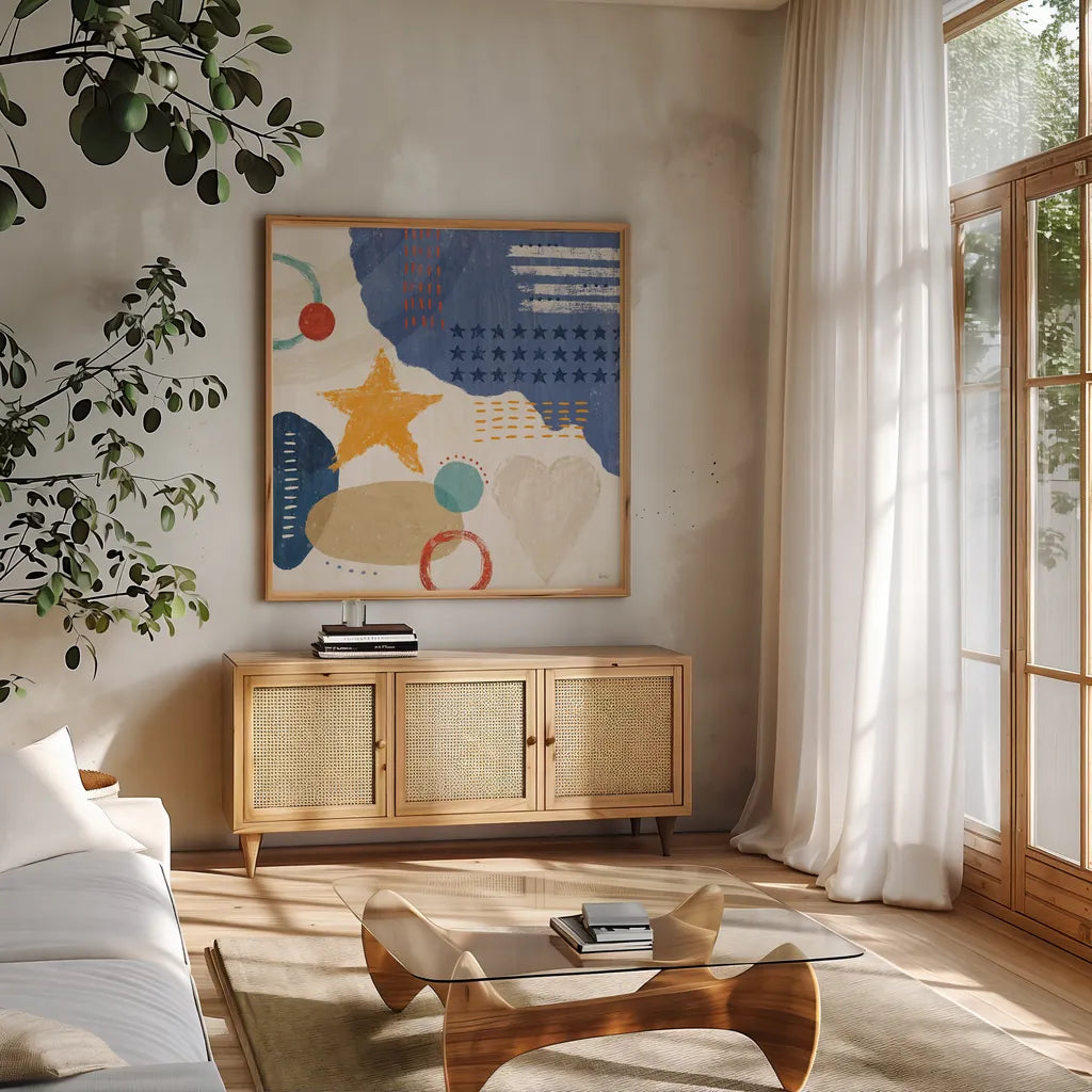 Love and Liberty II by Veronique Charron. Shown in a natural wood frame in a cozy modern living room. Available as an archival giclee rolled canvas, fine art paper, or poster print. SKU 72884a.