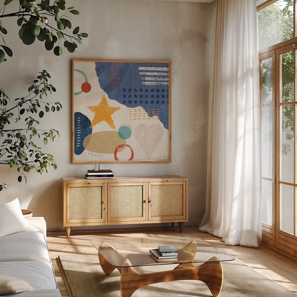 Love and Liberty II by Veronique Charron. Shown in a natural wood frame in a cozy modern living room. Available as an archival giclee rolled canvas, fine art paper, or poster print. SKU 72884a.