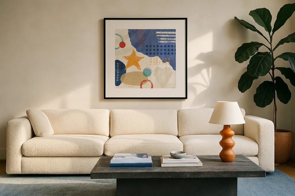 Love and Liberty II by Veronique Charron. Displayed in a glass frame with matte in a clean modern living room. Available as an archival giclee rolled canvas, fine art paper, or poster print. SKU 72884a.