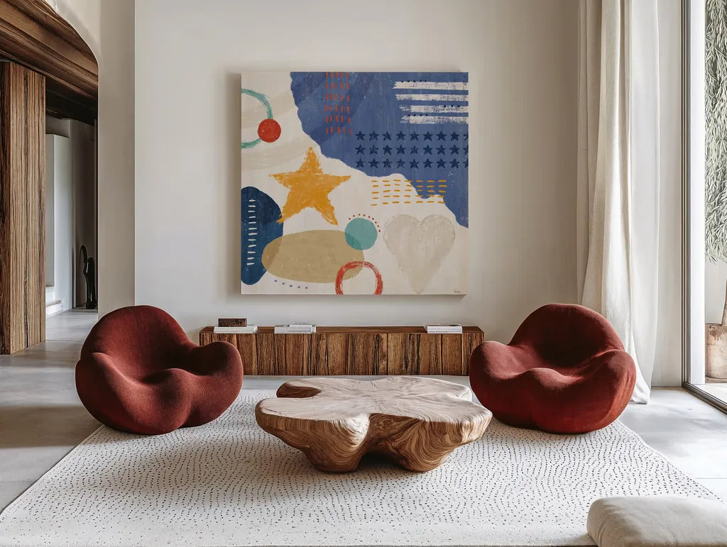 Love and Liberty II by Veronique Charron. Shown as extra-large giant wall art in a modern living room. Available as an archival giclee rolled canvas, fine art paper, or poster print. SKU 72884a.