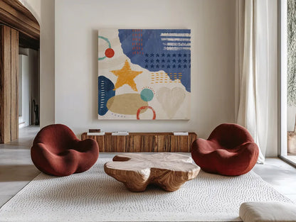 Love and Liberty II by Veronique Charron. Shown as extra-large giant wall art in a modern living room. Available as an archival giclee rolled canvas, fine art paper, or poster print. SKU 72884a.