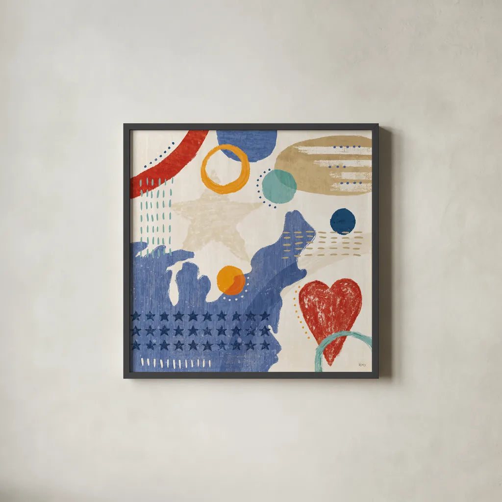 Love and Liberty III by Veronique Charron. Shown in a sleek black glass frame for a contemporary gallery look. Available as an archival giclee rolled canvas, fine art paper, or poster print. SKU 72885a.