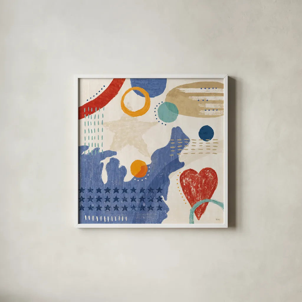 Love and Liberty III by Veronique Charron. Shown in a crisp white glass frame for a clean and minimalist style. Available as an archival giclee rolled canvas, fine art paper, or poster print. SKU 72885a.