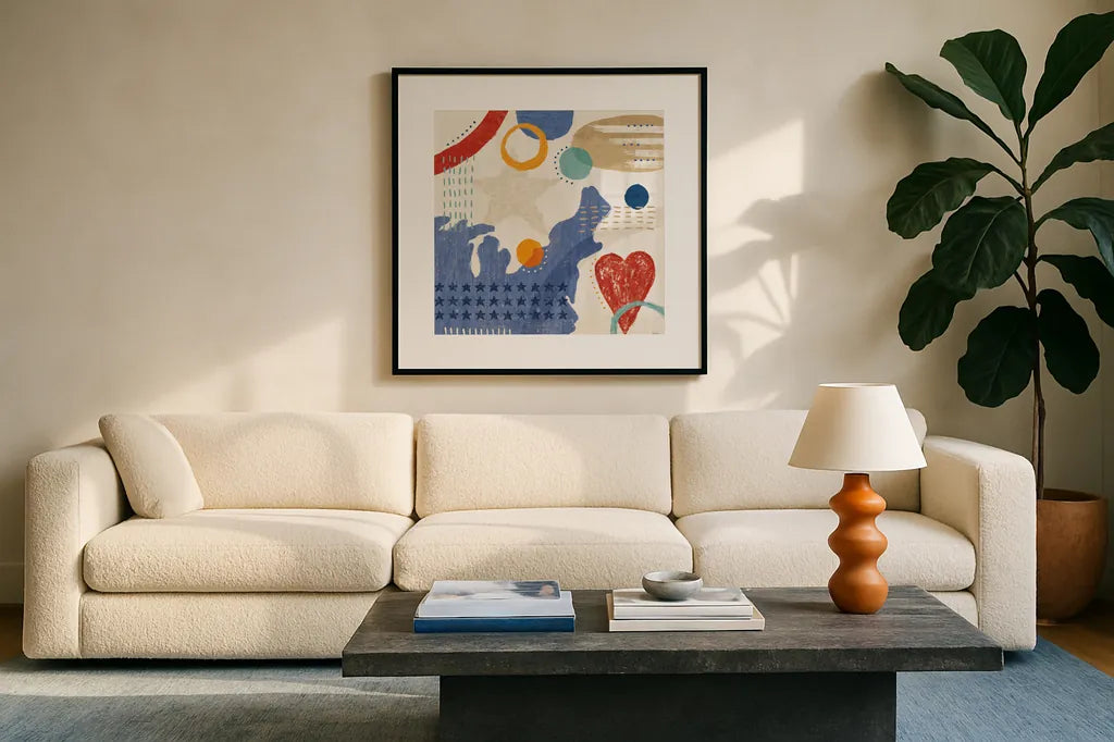 Love and Liberty III by Veronique Charron. Displayed in a glass frame with matte in a clean modern living room. Available as an archival giclee rolled canvas, fine art paper, or poster print. SKU 72885a.