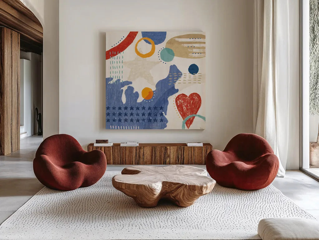 Love and Liberty III by Veronique Charron. Shown as extra-large giant wall art in a modern living room. Available as an archival giclee rolled canvas, fine art paper, or poster print. SKU 72885a.