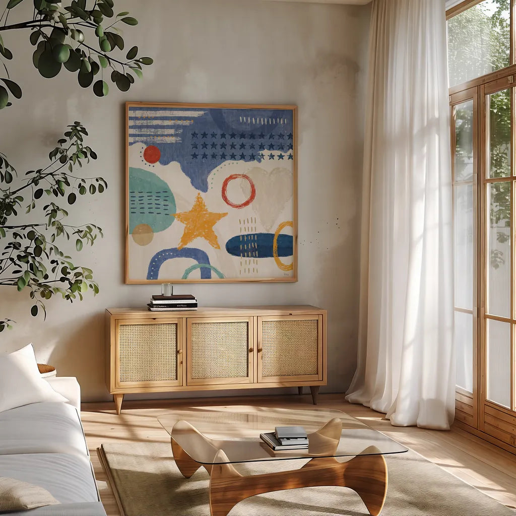 Love and Liberty IV by Veronique Charron. Shown in a natural wood frame in a cozy modern living room. Available as an archival giclee rolled canvas, fine art paper, or poster print. SKU 72886a.