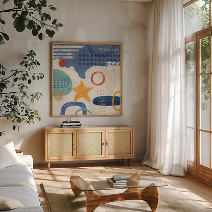 Love and Liberty IV by Veronique Charron. Shown in a natural wood frame in a cozy modern living room. Available as an archival giclee rolled canvas, fine art paper, or poster print. SKU 72886a.