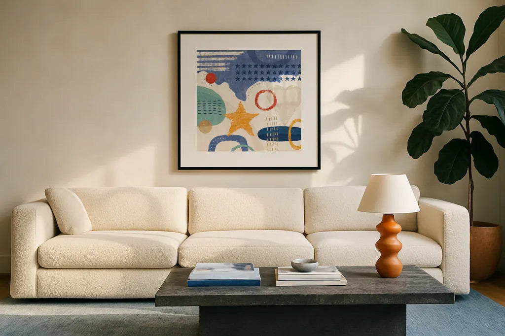 Love and Liberty IV by Veronique Charron. Displayed in a glass frame with matte in a clean modern living room. Available as an archival giclee rolled canvas, fine art paper, or poster print. SKU 72886a.