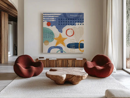 Love and Liberty IV by Veronique Charron. Shown as extra-large giant wall art in a modern living room. Available as an archival giclee rolled canvas, fine art paper, or poster print. SKU 72886a.