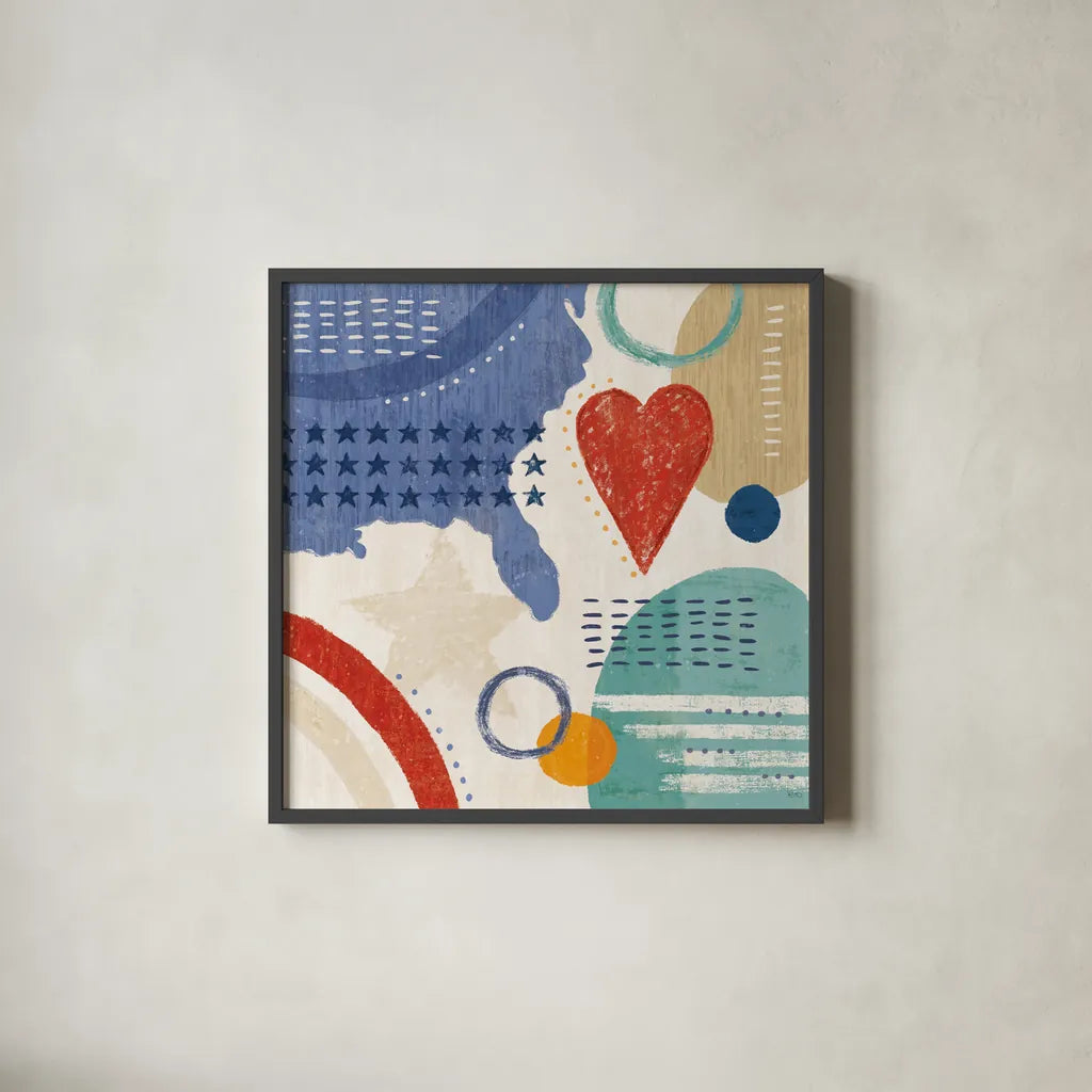 Love and Liberty V by Veronique Charron. Shown in a sleek black glass frame for a contemporary gallery look. Available as an archival giclee rolled canvas, fine art paper, or poster print. SKU 72887a.