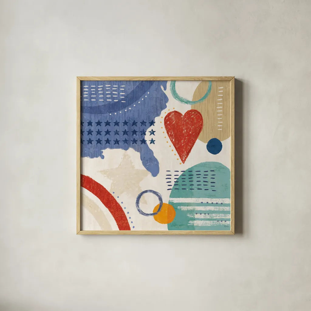 Love and Liberty V by Veronique Charron. Shown in a natural wood glass frame for a timeless modern aesthetic. Available as an archival giclee rolled canvas, fine art paper, or poster print. SKU 72887a.