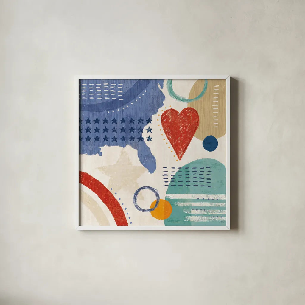 Love and Liberty V by Veronique Charron. Shown in a crisp white glass frame for a clean and minimalist style. Available as an archival giclee rolled canvas, fine art paper, or poster print. SKU 72887a.