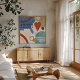 Love and Liberty V by Veronique Charron. Shown in a natural wood frame in a cozy modern living room. Available as an archival giclee rolled canvas, fine art paper, or poster print. SKU 72887a.